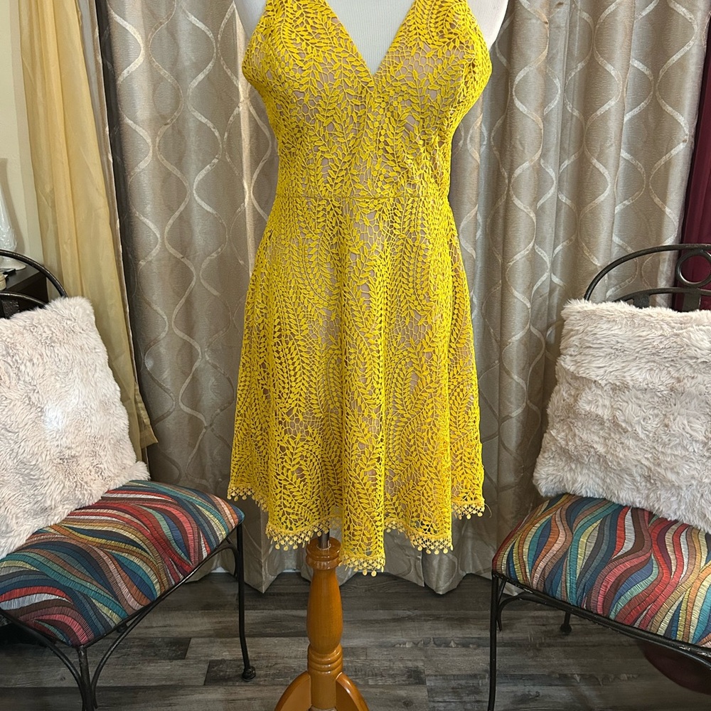 Dress the Population Yellow Lace Midi Dress